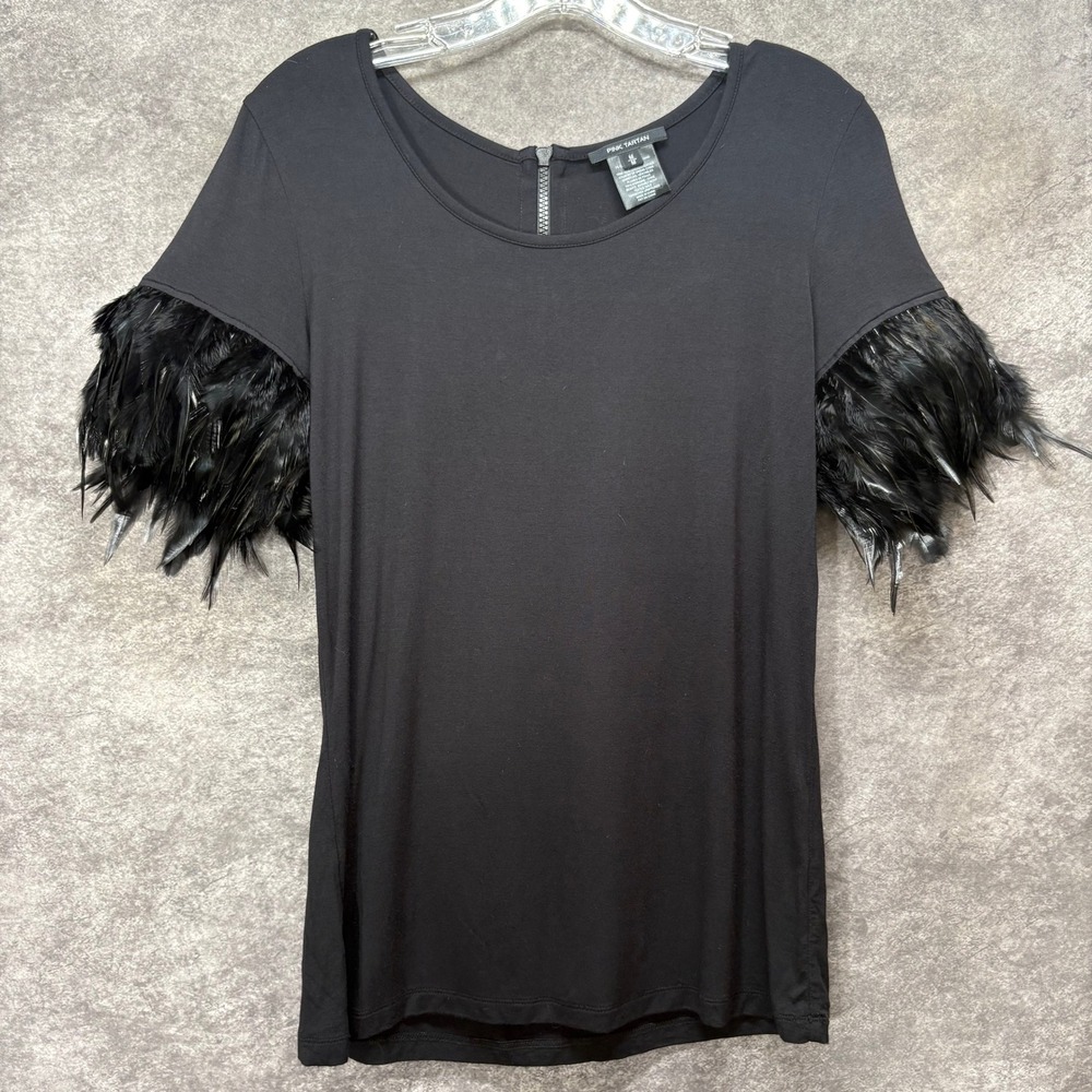 Pink Tartan Black Feather Sleeve Tee Top Size M Scoop Neck Back Zip Statement